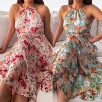 Vintage Floral Printed Halter-neck Chiffon Midi-dress