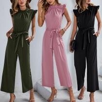Fashion Solid Color Ruffled Mock Neck Sleeveless Self-tie Jumpsuit