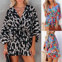 Fashion Floral Printed V-neck Batwing Sleeve Romper