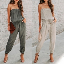 Fashion Old-washed Strapless Drawstring Waist Jumpsuit