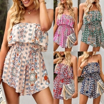 Fashion Floral Printed Off-the-shoudler Ruffled Smocked Romper