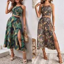 Fashion Floral Printed Two-piece Set Consist of Halter Crop Top and Slit Skirt