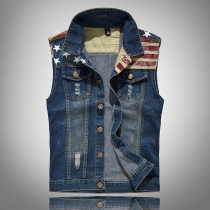 Vintage Old-washed Sleeveless American Flag Printed Stand Collar Sleeveless Denim Vest for Men