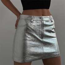 Fashion Bling-bling Artificial Leather PU Silver Skirt