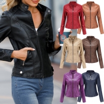 Street Fashion Stand Collar Long Sleeve Zipper Artificial Leather Short Jacket