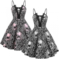 Punk Style Skull Printed Lace-up Slip Dress