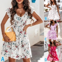Fashion Floral Printed V-neck Ruffled Sleeve Back Bowknot Mini Dress