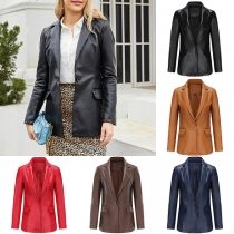 Fashion Solid Color Notch Lapel Long Sleeve Artificial Leather PU Blazer/Jacket