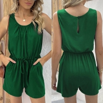 Casual Solid Color Round Neck Sleeveless Drawstring Romper