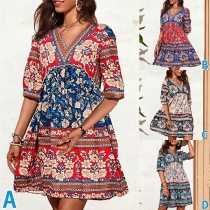 Vintage Floral Printed V-neck Short Sleeve Loose Dress