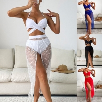 Sexy Three-piece Swimsuit Set Consist of Self-tie Swimming Top, Mid-rise Swimming Bottom and Semi-through Swimming Cover-up Skirt