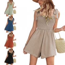 Casual Solid Color Smocked Self-tie Romper
