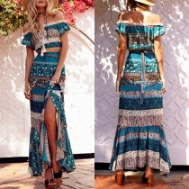 Bohemian Style Floral Printed Two-piece Set Consist of Off-the-shoulder Crop Top and Slit Maxi Skirt