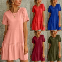 Casual Solid Color Round Neck Short Sleeve Tiered Dress