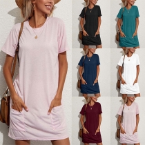 Casual Solid Color Round Neck Short Sleeve Patch Pockets Mini Dress