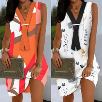 Fashion Floral Printed V-neck Fake Tie Sleeveless Dress