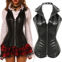 Vintage Punk Style Stand Collar Zipper Lace-up Artificial Leather PU Corset Tops