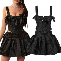 Sexy Vintage Jacquard Two-piece Set Consist of Corset Crop Top and Lace-up Pleated Skirt