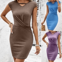 Fashion Solid Color V-neck Cutout Short Sleeve Ruched Bodycon Dress