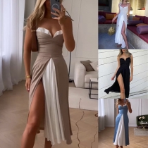 Fashion Strapless Contrast Color Slit Fake-two-piece Dress