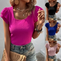 Casual Solid Color Round Neck Ruffled Short Sleeve Shirt