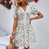 Fashion Floral Printed Lace Spliced V-neck Short Sleeve Mini Dress