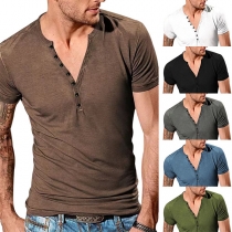 Casual Solid Color Buttoned V-neck Short Sleeve Shirt for Men