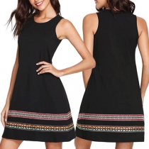 Vintage Floral Printed Round Neck Sleeveless Black Dress