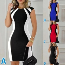 Fashion Contrast Color Round Neck Sleeveless Bodycon Dress