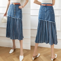 Street Fashion Stripe Printed Spliced Denim Skirt