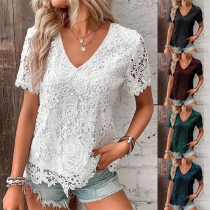 Casual V-neck Short Sleeve Lace Shirt