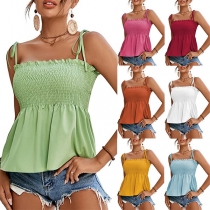 Fashion Solid Color Smocked Self-tie Cami Top
