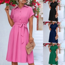 Casual Solid Color Stand Collar Short Sleeve Buttoned Self-tie Shirt Dress
