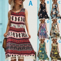 Vintage Floral Printed Round Neck Sleeveless Tassel Dress