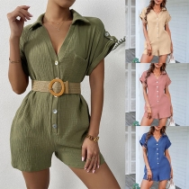 Casual Solid Color Stand Collar Short Sleeve Buttoned Romper