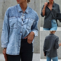 Street Fashion Old-washed Stand Collar Vertical Striped Long Sleeve Denim Shirt