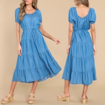 Fashion Round Neck Short Sleeve Tiered Denim Dress