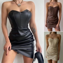 Sexy Strapless Irregular Hemline Artificial Leather PU Bodycon Dress