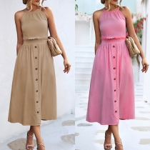 Sexy Solid Color Buttoned Cross-criss Backless High Waist Midi Dress