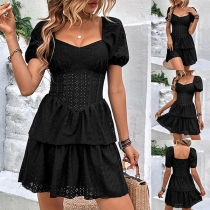 Vintage Hollow Out Puff Short Sleeve Tiered Dress