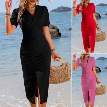 Sexy Solid Color Ruched V-neck Short Sleeve Slit Midi Dress