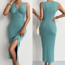 Sexy Solid Color Ruched V-neck Sleeveless Buttoned Slit Bodycon Dress
