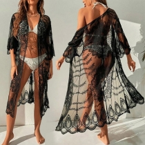 Sexy Semi-through Lace Swimming Cover-up Cardigan