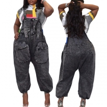 Street Fashion Old-washed Patch Pockets Oversize Denim Suspenders Jumpsuit