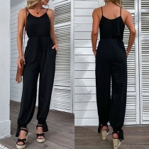 Casual Solid Color Elastic Drawstring Waist Cami Jumpsuit