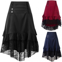 Vintage Lolita Style Lace Spliced Double-breasted High-low Hemline Skirt