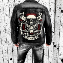 Punk Style Skull Printed Stand Collar Long Sleeve Denim Jacket for Men