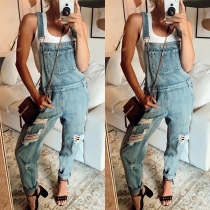 Street Fashion Old-washed Distreeted Denim Suspender Jumpsuit