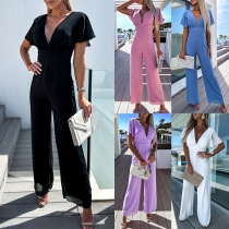 Fashion Solid Color V-neck Short Sleeve Wide-leg Jumpsuit