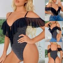 Sexy Bling Bling Ruffled V-neck Lingerie Bodysuit
